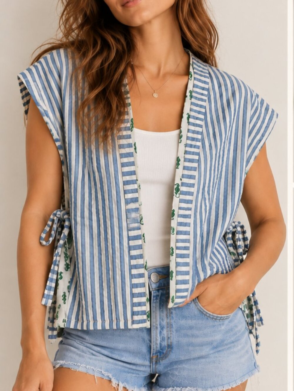 Maeve by Anthropology Reversible Striped Seahorse Tie Side Kimono Top